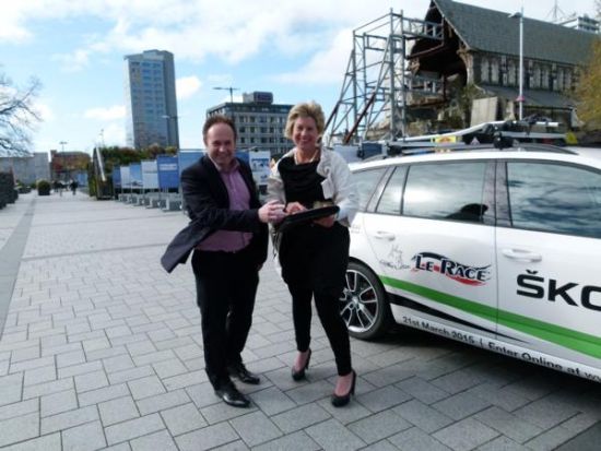 New Le Race owner Sheree Stevens and Christchurch City Councillor Glenn Livingstone check out the start line in Cathedral Square for Le Race being held on 21 March next year.