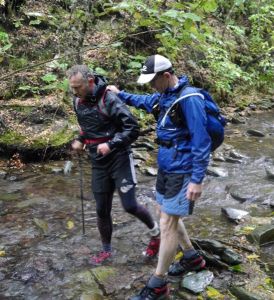 With support from Tim James, Richard (left) tackles some terrain similar with to what he'll face when he takes on the Speight's Coast to Coast 33 kilometre mountain run on Saturday 14 February