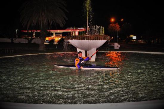 Paddling his kayak in central Greymouth's town fountain made Lachlan Brownlie a very happy winner of the Coast to Coast Giant bikes sponsorship package worth $5000 for his creative training image